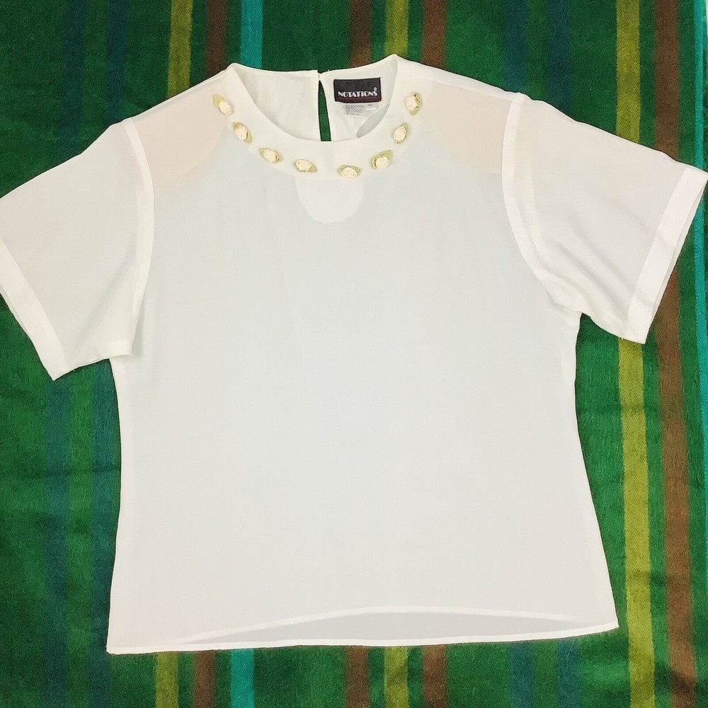 Notations Women’s 12 Blouse Top White Short Sleeves Semi Sheer Soft Pink Roses